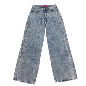 Telepatia Wide Leg Y2k Bow Denim Jeans 100 Cotton Size 0 Boho Light Wash